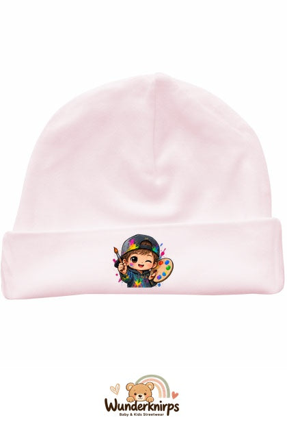 Umschlagmütze Rox-01 in Pastellrosa mit Motiv Künstler mit Palette