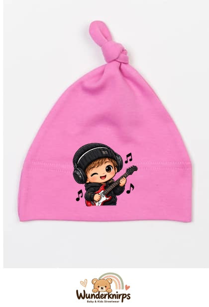 Knotenmütze Babybugz BZ15 in Bubblegum-Pink mit Motiv Musiker mit Gitarre