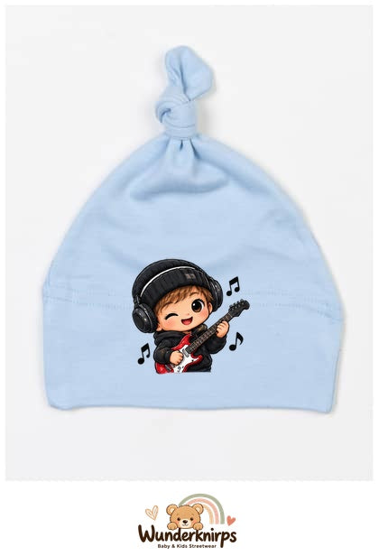 Knotenmütze Babybugz BZ15 in Staubblau mit Motiv Musiker mit Gitarre