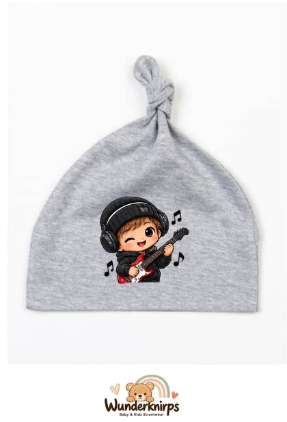 Knotenmütze Babybugz BZ15 in Grau meliert mit Motiv Musiker mit Gitarre