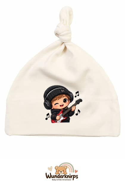 Knotenmütze Babybugz BZ15 in Natur mit Motiv Musiker mit Gitarre
