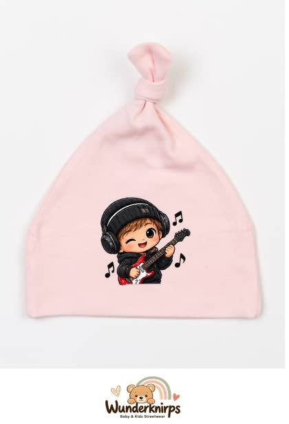 Knotenmütze Babybugz BZ15 in Pastellrosa mit Motiv Musiker mit Gitarre