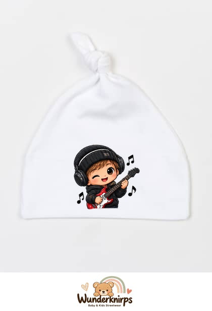 Knotenmütze Babybugz BZ15 in Weiß mit Motiv Musiker mit Gitarre