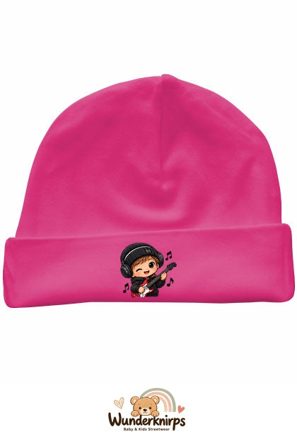 Umschlagmütze Rox-01 in Pink mit Motiv Musiker mit Gitarre