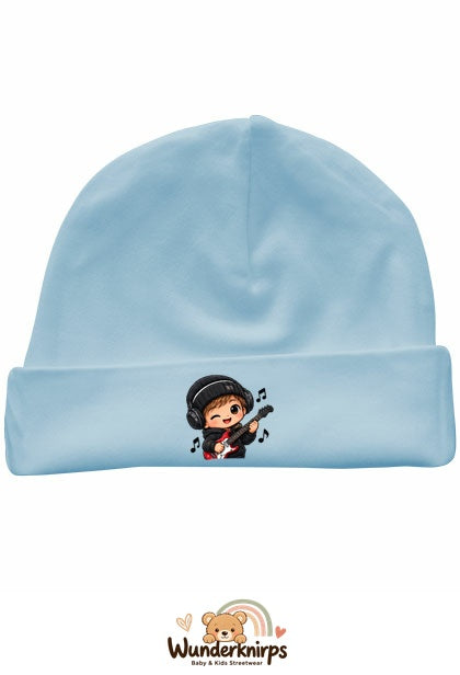 Umschlagmütze Rox-01 in Pastellblau mit Motiv Musiker mit Gitarre