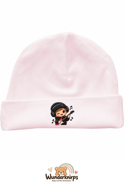 Umschlagmütze Rox-01 in Pastellrosa mit Motiv Musiker mit Gitarre