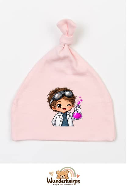 Knotenmütze Babybugz BZ15 in Pastellrosa mit Motiv Forscher mit Reagenzglas