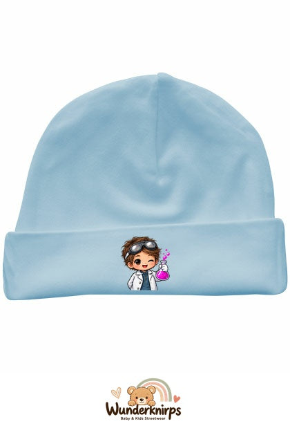 Umschlagmütze Rox-01 in Pastellblau mit Motiv Forscher mit Reagenzglas