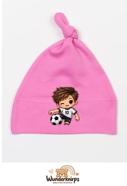 Knotenmütze Babybugz BZ15 in Bubblegum-Pink mit Motiv Fußballspieler