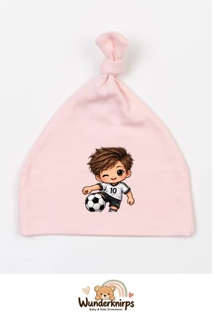 Knotenmütze Babybugz BZ15 in Pastellrosa mit Motiv Fußballspieler