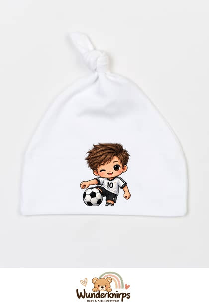 Knotenmütze Babybugz BZ15 in Weiß mit Motiv Fußballspieler