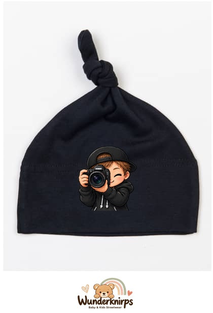 Knotenmütze Babybugz BZ15 in Schwarz mit Motiv Fotograf mit Kamera