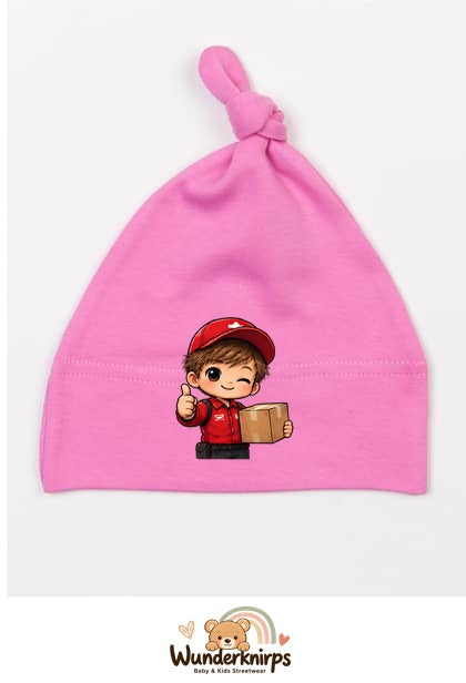 Knotenmütze Babybugz BZ15 in Bubblegum-Pink mit Motiv Paketbote