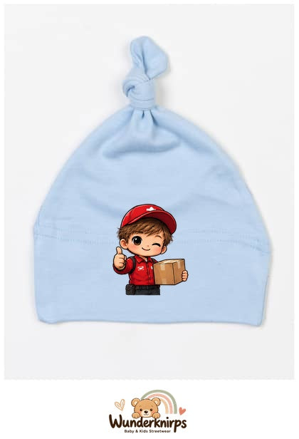 Knotenmütze Babybugz BZ15 in Staubblau mit Motiv Paketbote