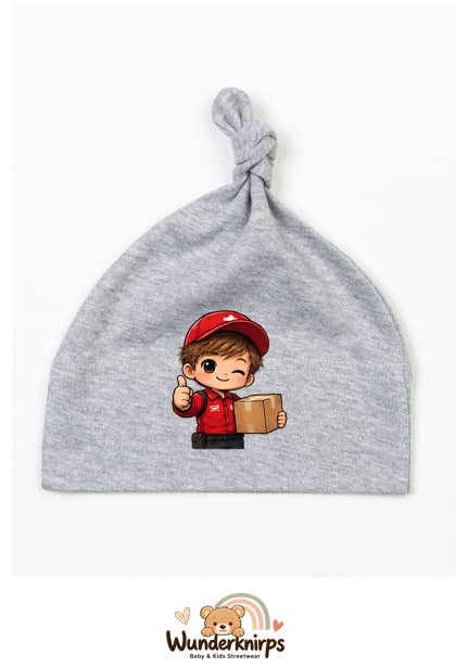 Knotenmütze Babybugz BZ15 in Grau meliert mit Motiv Paketbote
