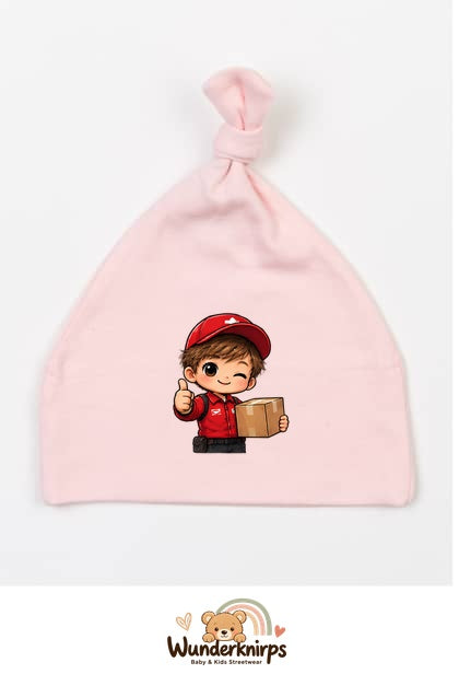 Knotenmütze Babybugz BZ15 in Pastellrosa mit Motiv Paketbote