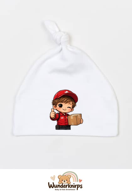 Knotenmütze Babybugz BZ15 in Weiß mit Motiv Paketbote