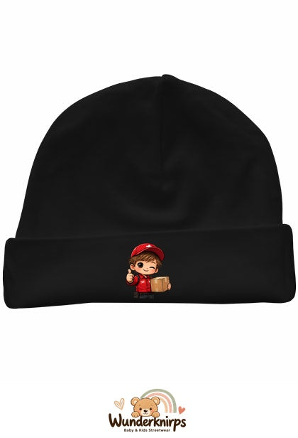 Umschlagmütze Rox-01 in Schwarz mit Motiv Paketbote