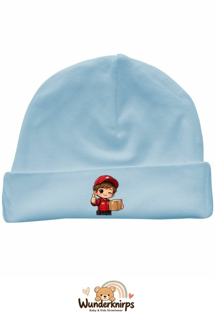 Umschlagmütze Rox-01 in Pastellblau mit Motiv Paketbote