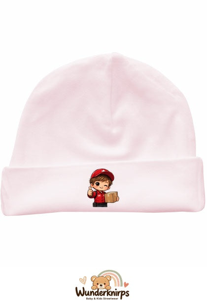 Umschlagmütze Rox-01 in Pastellrosa mit Motiv Paketbote