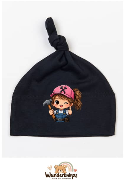Knotenmütze Babybugz BZ15 in Schwarz mit Motiv Handwerkerin mit Hammer
