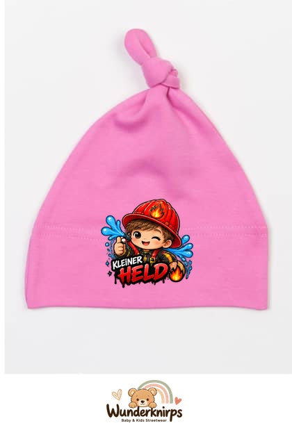 Knotenmütze Babybugz BZ15 in Bubblegum-Pink mit Motiv Feuerwehr Kleiner Held