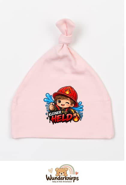 Knotenmütze Babybugz BZ15 in Pastellrosa mit Motiv Feuerwehr Kleiner Held