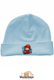 Umschlagmütze Rox-01 in Pastellblau mit Motiv Feuerwehr Kleiner Held