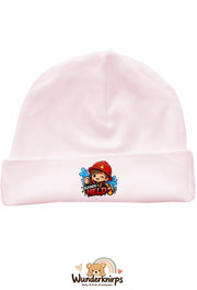 Umschlagmütze Rox-01 in Pastellrosa mit Motiv Feuerwehr Kleiner Held