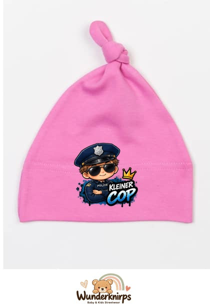 Knotenmütze Babybugz BZ15 in Bubblegum-Pink mit Motiv Polizei Kleiner Cop