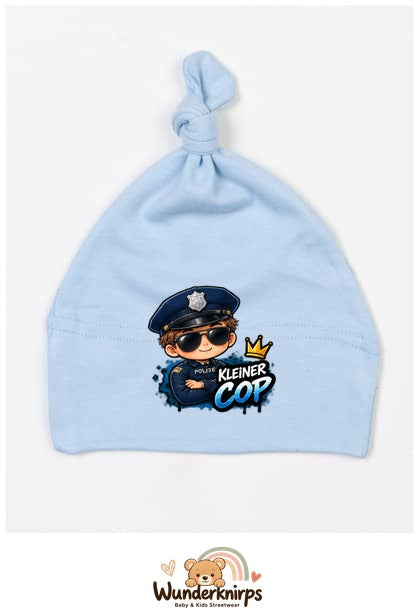 Knotenmütze Babybugz BZ15 in Staubblau mit Motiv Polizei Kleiner Cop