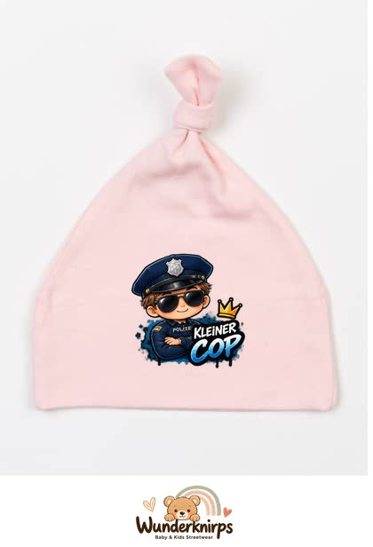 Knotenmütze Babybugz BZ15 in Pastellrosa mit Motiv Polizei Kleiner Cop