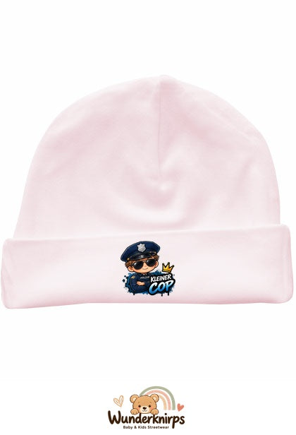 Umschlagmütze Rox-01 in Pastellrosa mit Motiv Polizei Kleiner Cop
