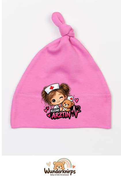 Knotenmütze Babybugz BZ15 in Bubblegum-Pink mit Motiv Kleine Ärztin