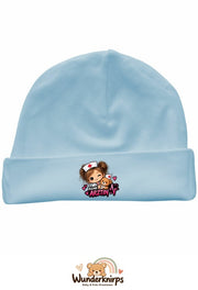Umschlagmütze Rox-01 in Pastellblau mit Motiv Kleine Ärztin