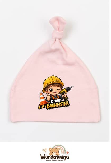 Knotenmütze Babybugz BZ15 in Pastellrosa mit Motiv Kleiner Baumeister