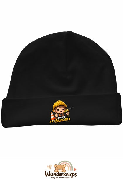 Umschlagmütze Rox-01 in Schwarz mit Motiv Kleiner Baumeister