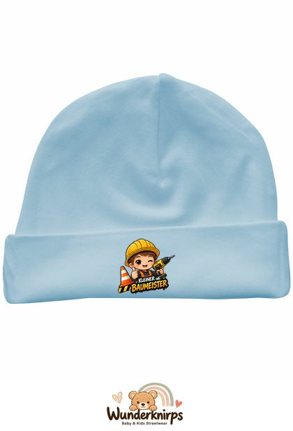 Umschlagmütze Rox-01 in Pastellblau mit Motiv Kleiner Baumeister