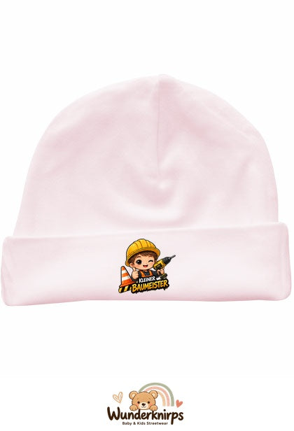 Umschlagmütze Rox-01 in Pastellrosa mit Motiv Kleiner Baumeister