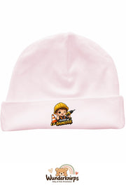 Umschlagmütze Rox-01 in Pastellrosa mit Motiv Kleiner Baumeister