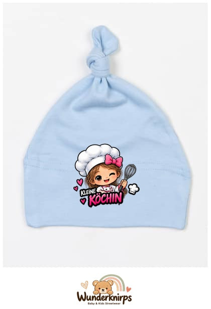 Knotenmütze Babybugz BZ15 in Staubblau mit Motiv Kleine Köchin