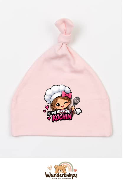 Knotenmütze Babybugz BZ15 in Pastellrosa mit Motiv Kleine Köchin