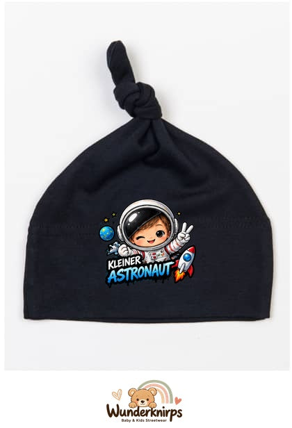 Knotenmütze Babybugz BZ15 in Schwarz mit Motiv Kleiner Astronaut