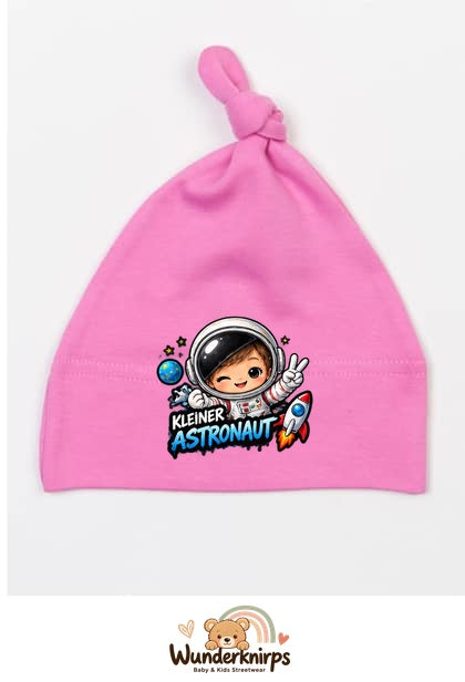 Knotenmütze Babybugz BZ15 in Bubblegum-Pink mit Motiv Kleiner Astronaut