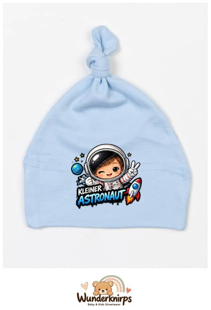 Knotenmütze Babybugz BZ15 in Staubblau mit Motiv Kleiner Astronaut