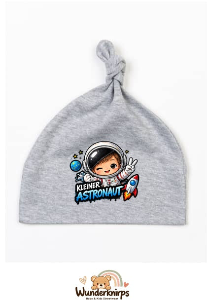 Knotenmütze Babybugz BZ15 in Grau meliert mit Motiv Kleiner Astronaut