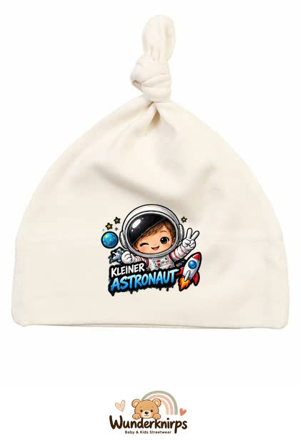 Knotenmütze Babybugz BZ15 in Natur mit Motiv Kleiner Astronaut