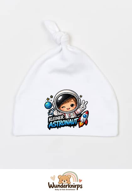 Knotenmütze Babybugz BZ15 in Weiß mit Motiv Kleiner Astronaut