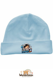 Umschlagmütze Rox-01 in Pastellblau mit Motiv Kleiner Astronaut
