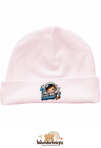 Umschlagmütze Rox-01 in Pastellrosa mit Motiv Kleiner Astronaut